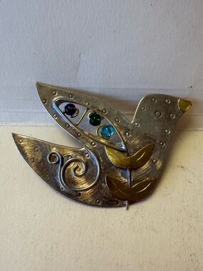 Artisan Peace Dove Bird Mixed Metal Brooch with Colored Beads.